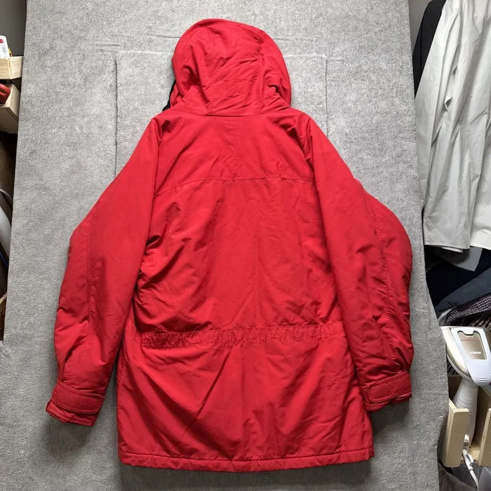 Vtg J Crew Jacket Mens M Red 3 Pocket Hood Nylon Water Resist Insulated Nautical